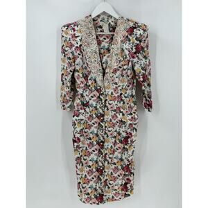 Atina Karon Crosby Vintage Dress Womens 8 White Floral 80s 90s Button Front Lace